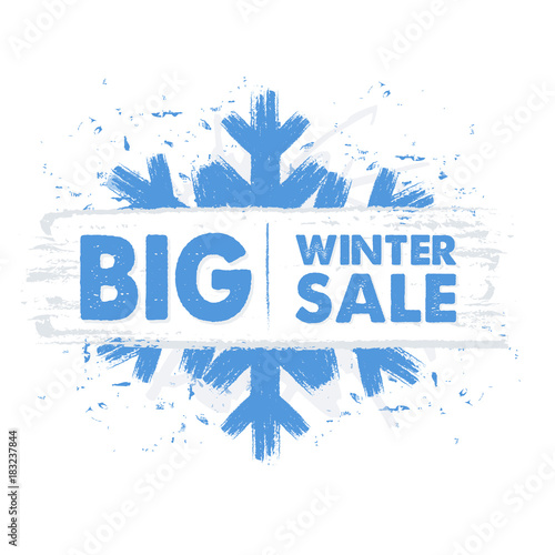 big winter sale in blue drawn banner with snowflake, vector