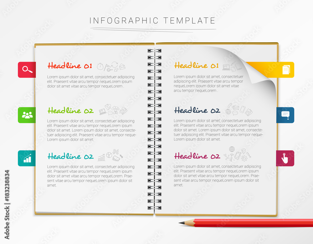 Vector infographic template with notebook and six colorful marks isolated on white background