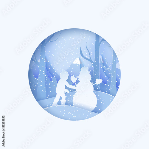 3d abstract pastel paper cut illustration of boy building snowman. Vector template