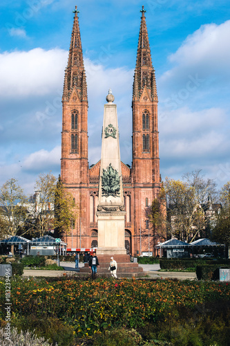 Waterloo-Denkmal memorial and St. Boniface Church in Wiesbaden, Germany.
