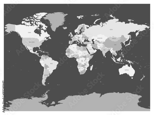 World map in four shades of grey on dark background. High detail blank political map. Vector illustration.