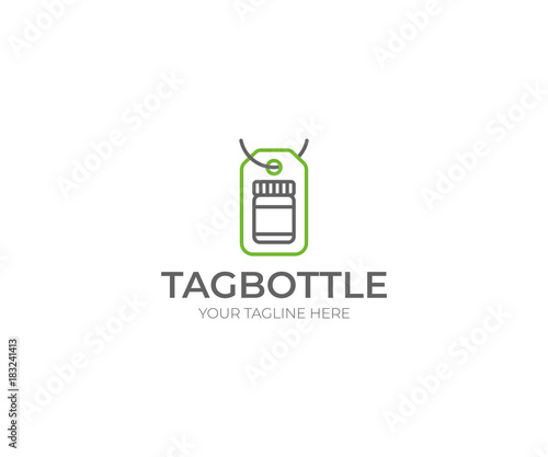 Tag and Bottle Logo Template. Glass Jar Vector Design. Medicament Illustration