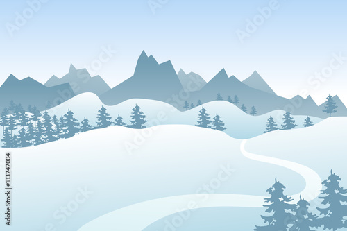 Flat winter vector landscape with silhouettes of trees, hills and mountains. © Jan