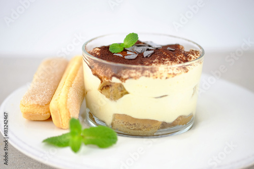 Tiramisu, traditional italian dssert on light background. photo