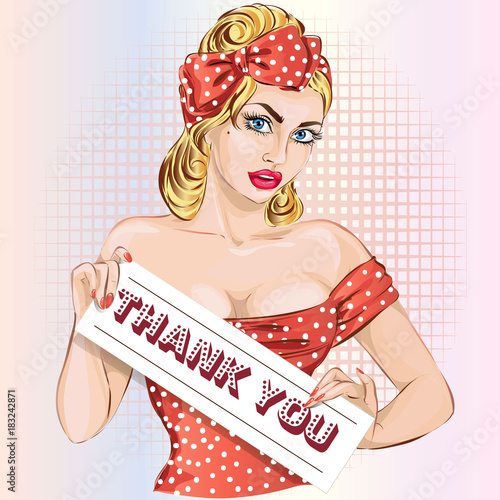 Sexy pin up woman holding thank you signboard, pinup girl in red hand drawn vector illustration background