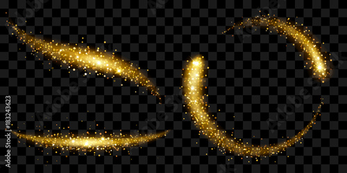Set of tails of golden glittering stardust with gold sparkles isolated on transparent background. Transparency only in vector file