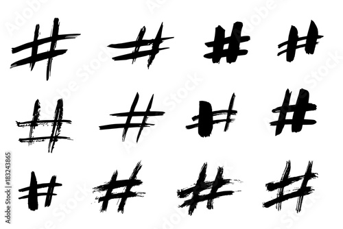 Set of grunge Hashtag icons. Modern social symbols isolated on a white background. Vector illustration