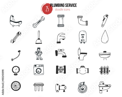 Set of plumbing services icons in doodle hand drawn style. Pipe equipment for home repair works with signs of bathroom, faucet, plunger, valve, heating boiler. Vector illustration for advertising.