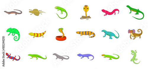 Reptile icon set, cartoon style