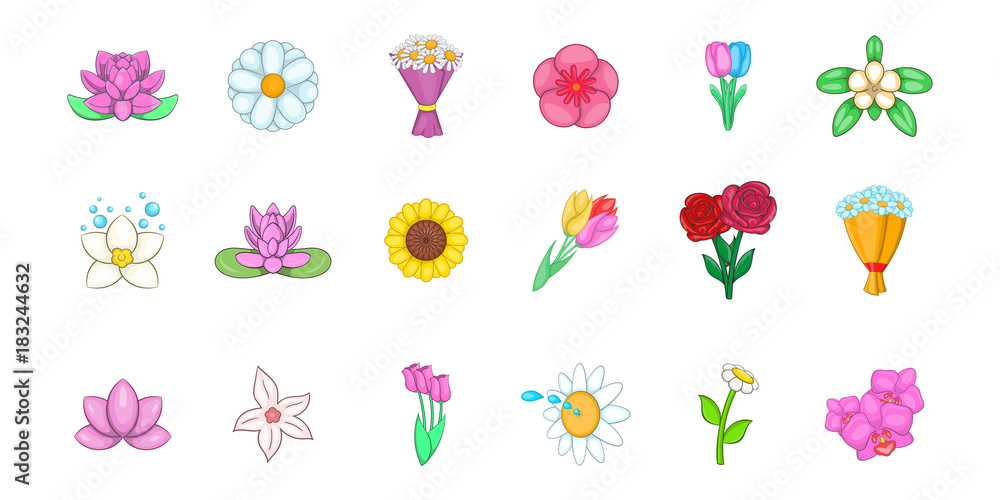 Flower icon set, cartoon style