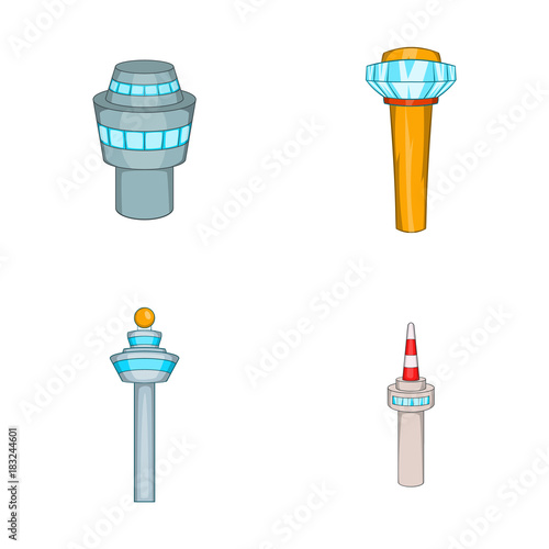 Airport tower icon set, cartoon style