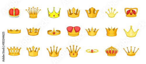 Crown icon set, cartoon style