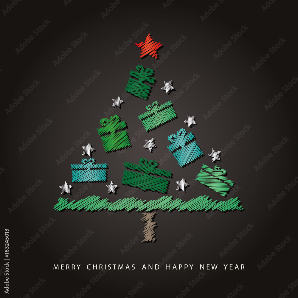 Merry Christmas and Happy New Year card. Christmas tree drawn with colorful crayons on chalkboard.