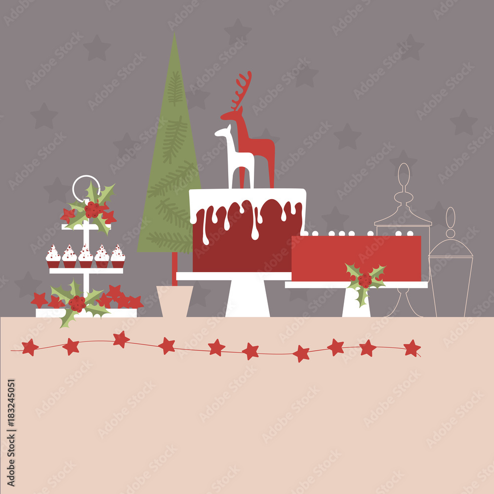 Christmas Candy bar with cakes and cupcakes. Vector illustration.