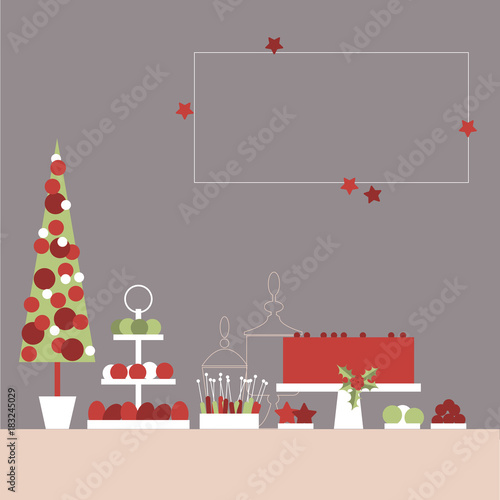 Christmas sweet table with cake and sweets. Candy Buffet. Vector illustration.