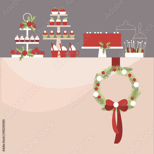 Christmas Dessert table.  Sweet table. Candy Buffet.  Vector illustration.