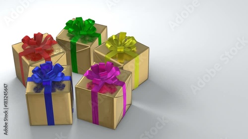 Golden gift boxes with colorful ribbons rotating in perfect loop