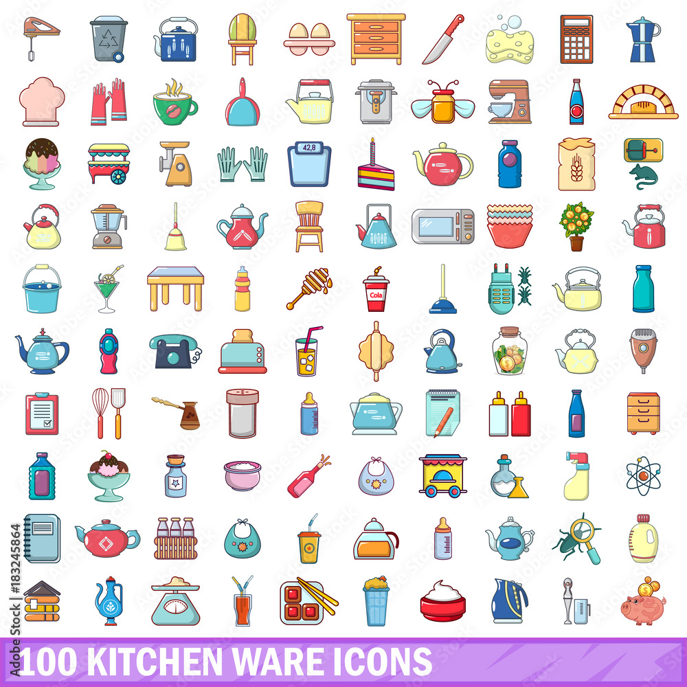 Fototapeta premium 100 kitchen ware icons set, cartoon style 