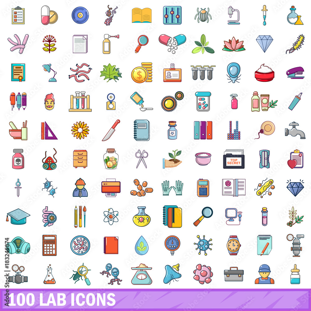 100 lab icons set, cartoon style 100 lab icons set, cartoon style