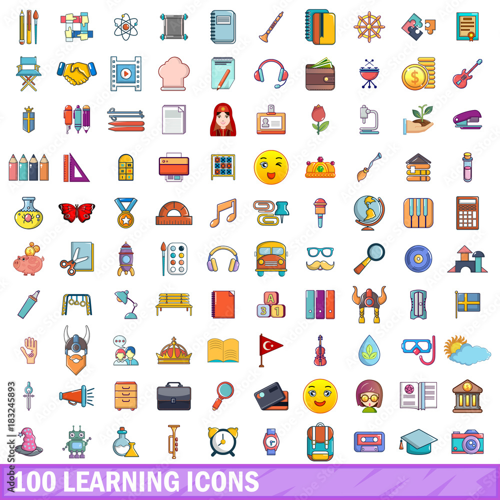 100 learning icons set, cartoon style 