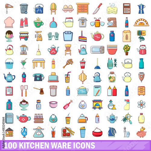 100 kitchen ware icons set, cartoon style 
