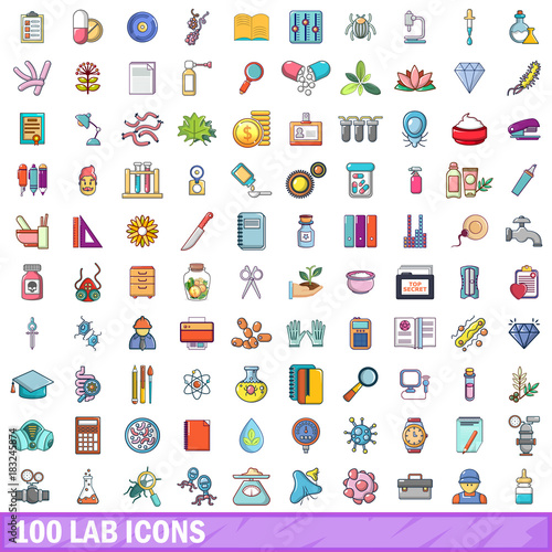 100 lab icons set, cartoon style 