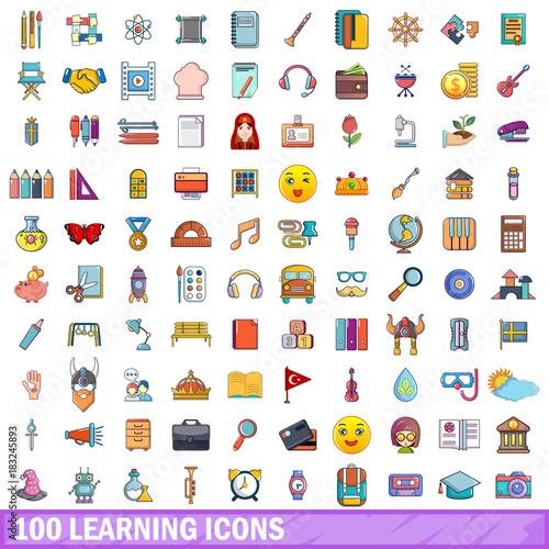 100 learning icons set, cartoon style 