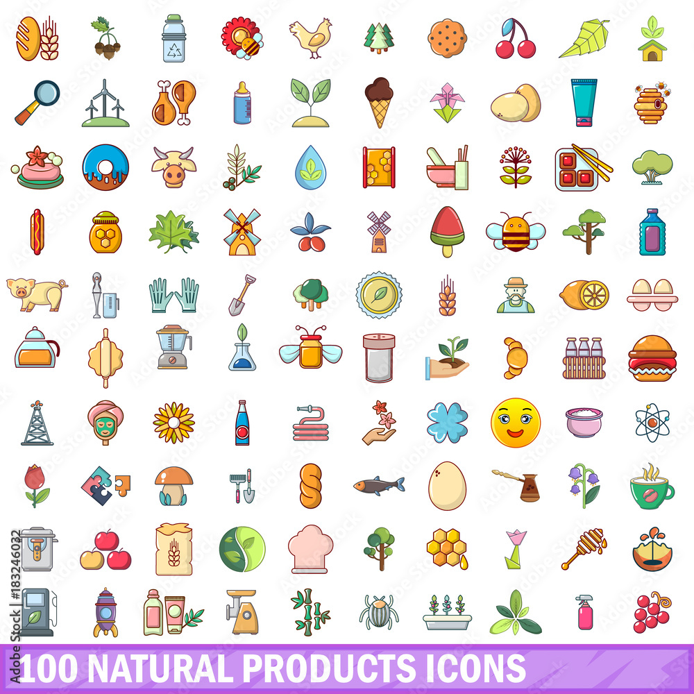 100 natural products icons set, cartoon style 