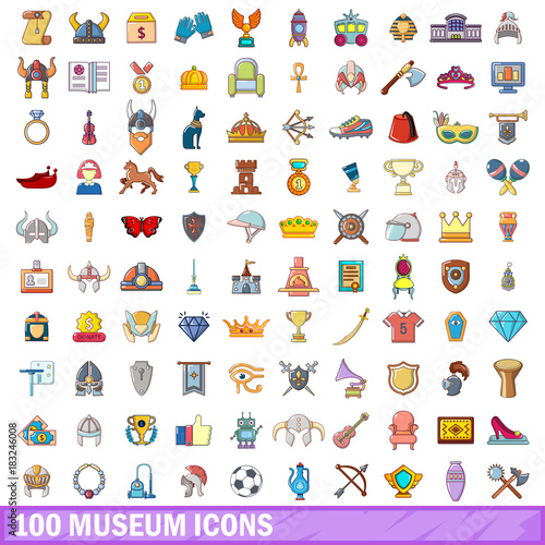 100 museum icons set, cartoon style 