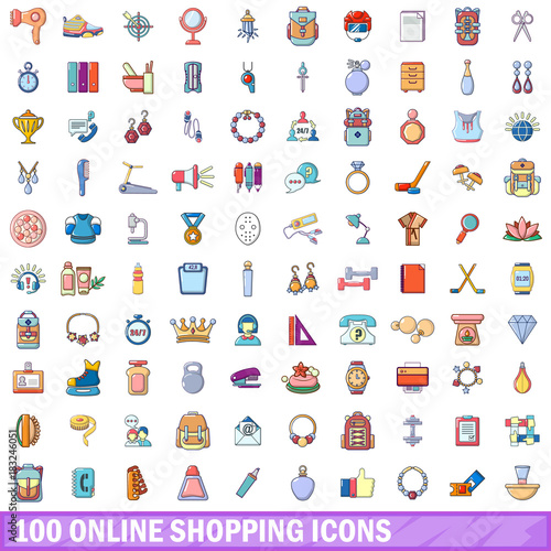 100 online shopping icons set, cartoon style 