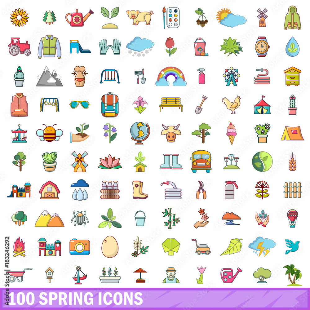Obraz premium 100 spring icons set, cartoon style 