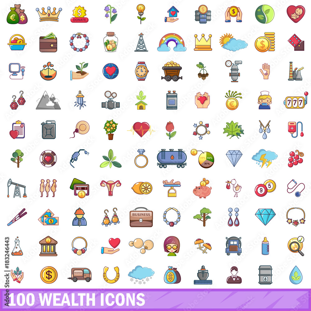100 wealth icons set, cartoon style 100 wealth icons set, cartoon style