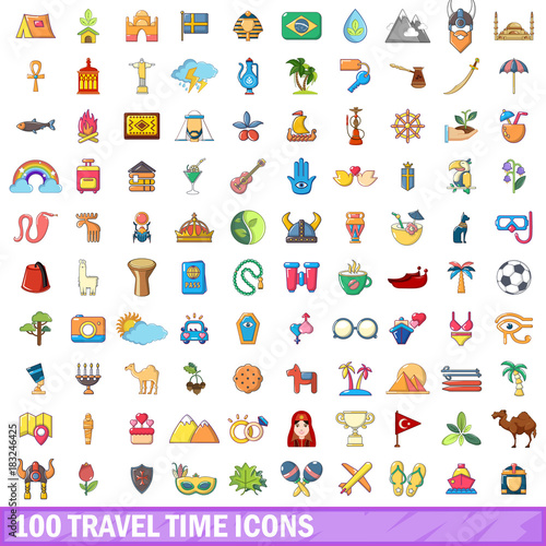 100 travel time icons set, cartoon style 
