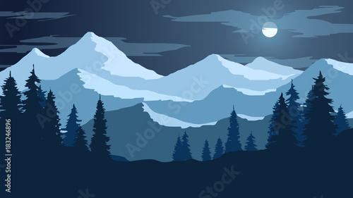 Fototapeta Naklejka Na Ścianę i Meble -  Vector wallpaper with a night landscape, a mountain range