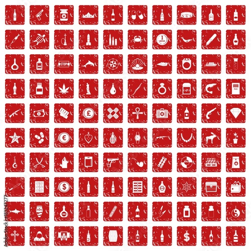 100 smuggling goods icons set grunge red