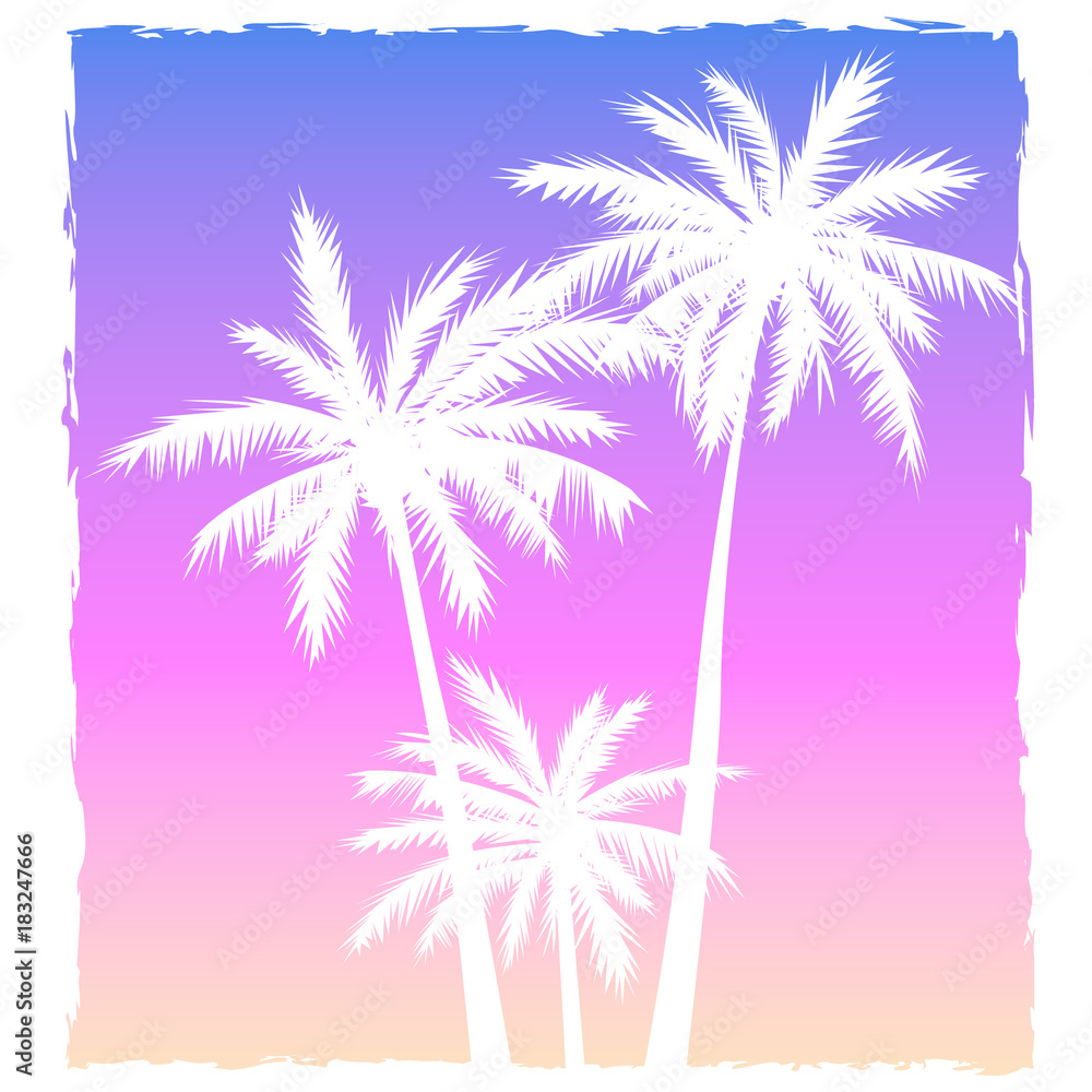 Illustration with a setting sun and silhouettes of palm trees