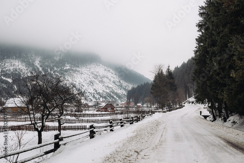 Beautiful winter mountain village landscape