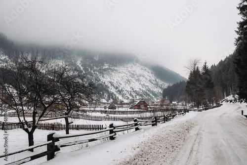 Beautiful winter mountain village landscape