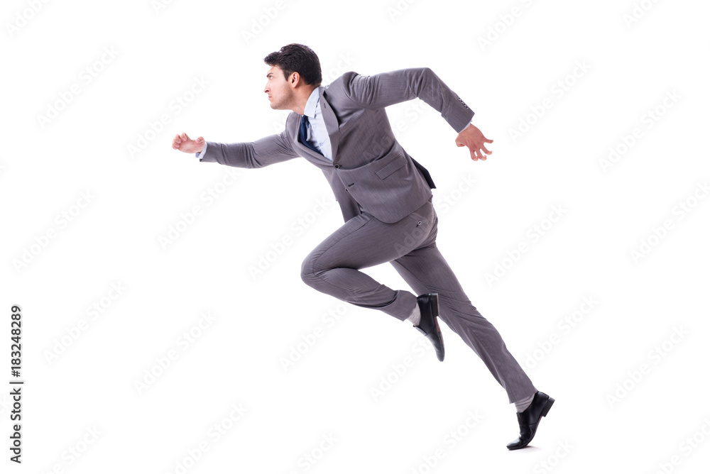 Young businessman running forward isolated on white Young businessman running forward isolated on white
