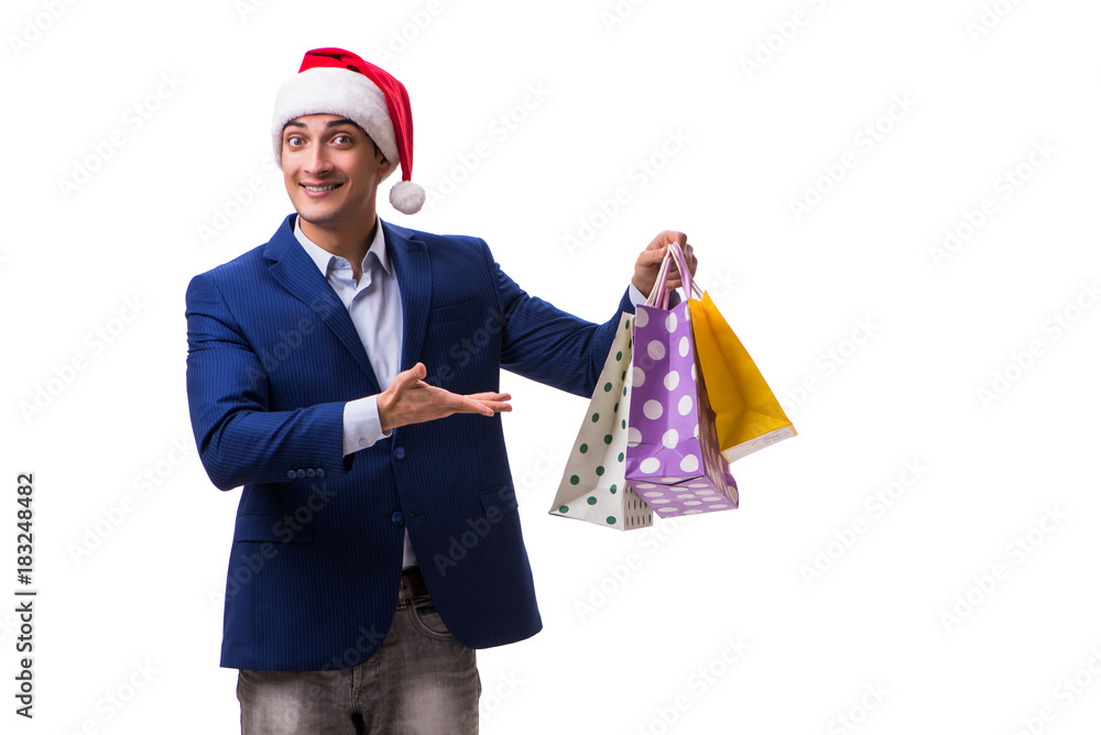 Young man with bags after christmas shopping on white background Young man with bags after christmas shopping on white background