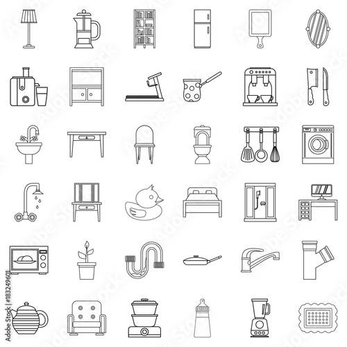 House interior icons set, outline style