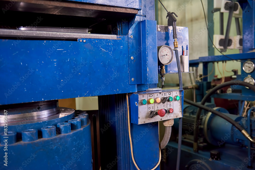Hydraulic press machine, control panel. Equipment at the factory. Hydraulic system example. Hydraulic press machine, control panel. Equipment at the factory. Hydraulic system example.