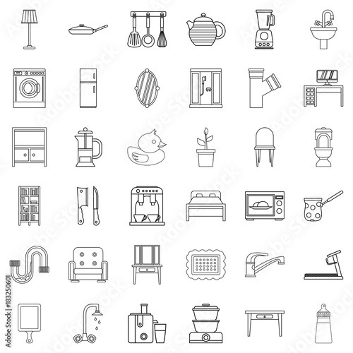Furniture icons set, outline style