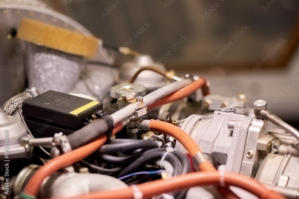 Light aircraft engine close up. New engine, hoses. Light aircraft engine close up. New engine, hoses.