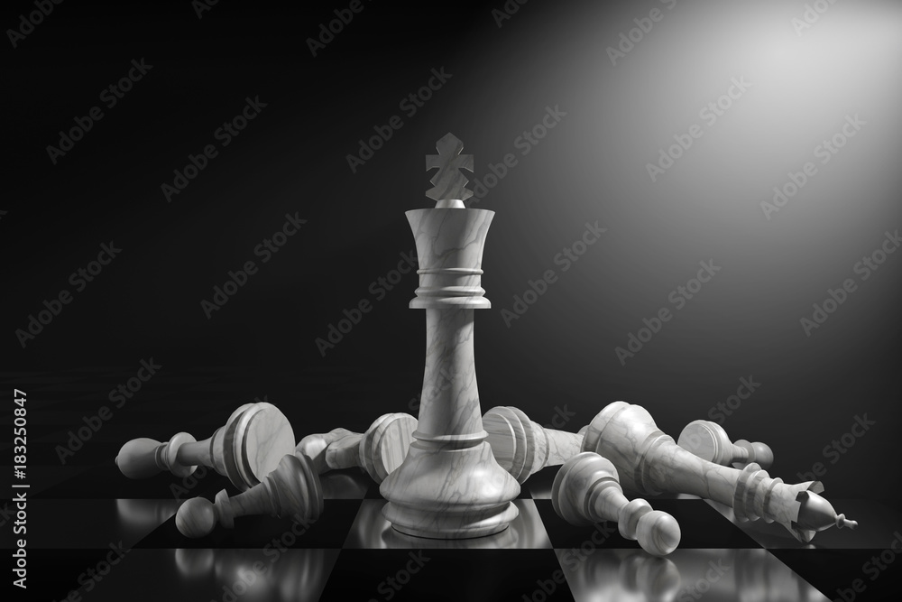 3D Rendering : Illustration Of King Chess Pieces. THE King Chess At The  Center With Overthrow Pawn Chess In The Back. Chess Board With Light Drop  Background. Leader Success Business Concept. Stock