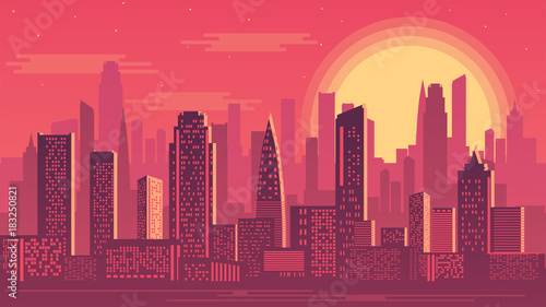 Vector illustration of sunset city