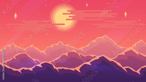 Vector wallpaper with a landscape, a mountain range, sunset