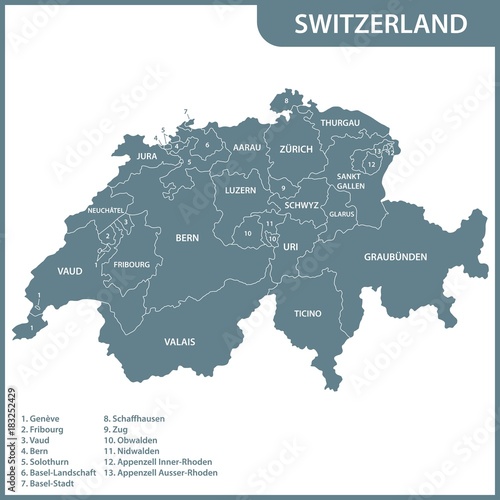 The detailed map of the Switzerland with regions or states