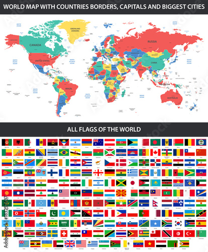 Fototapeta Naklejka Na Ścianę i Meble -  All flags of the world in alphabetical order and Detailed world map with borders, countries, large cities