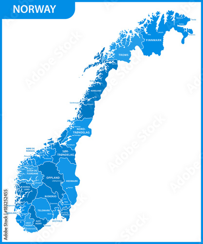 The detailed map of the Norway with regions or states and cities, capitals photo
